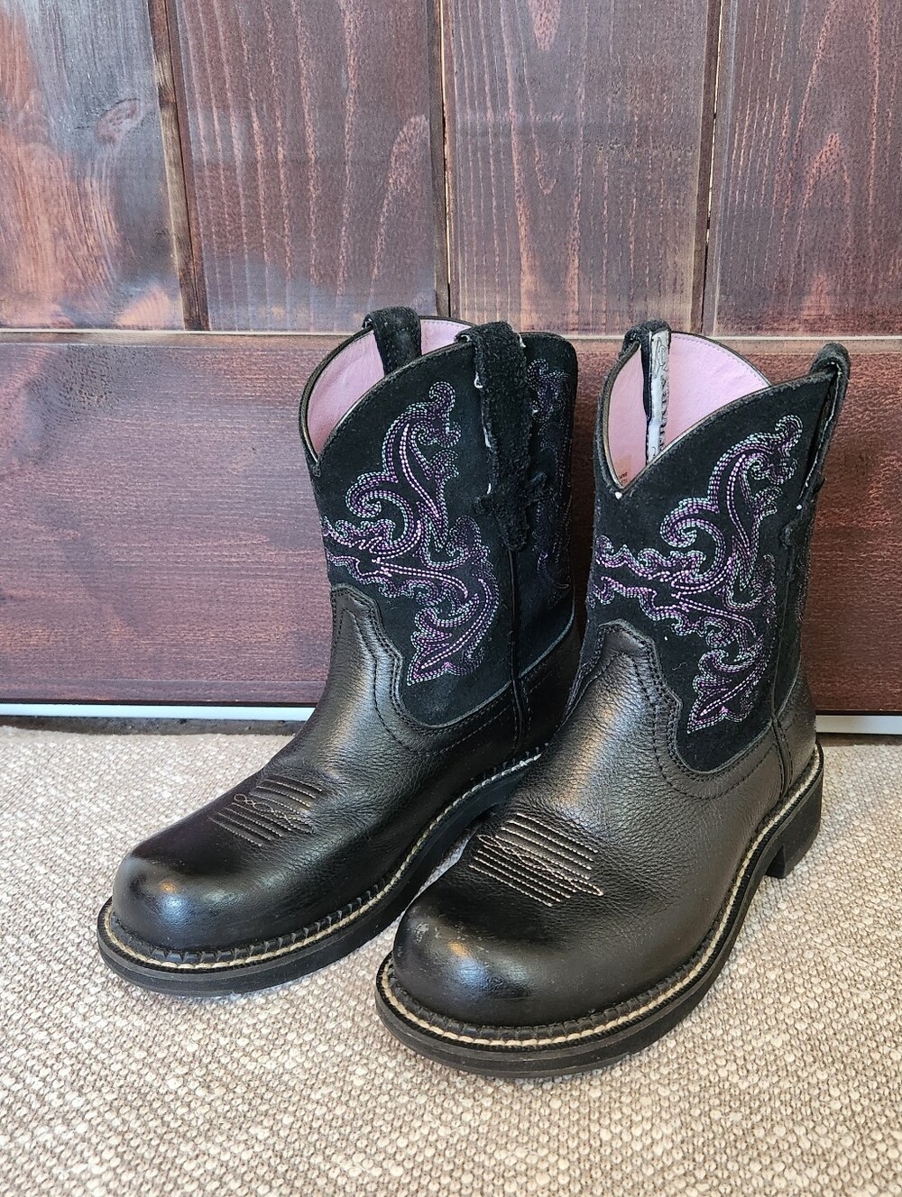 ARIAT Wmns Vintage Fatbaby Black Leather Cowgirl Round Toe Cowboy Boots Size 6.5